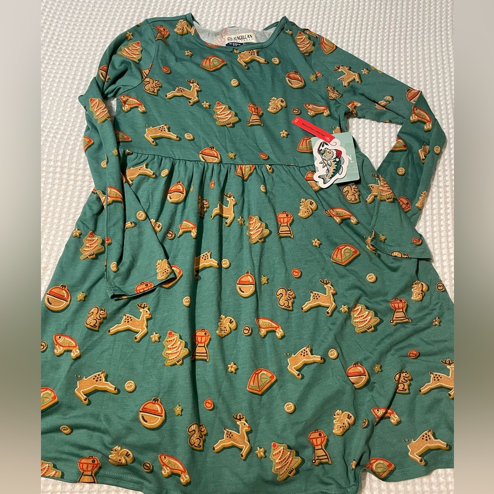 NWT - Magellan Outdoors - Girl’s Green Holiday Dress with Festive Print